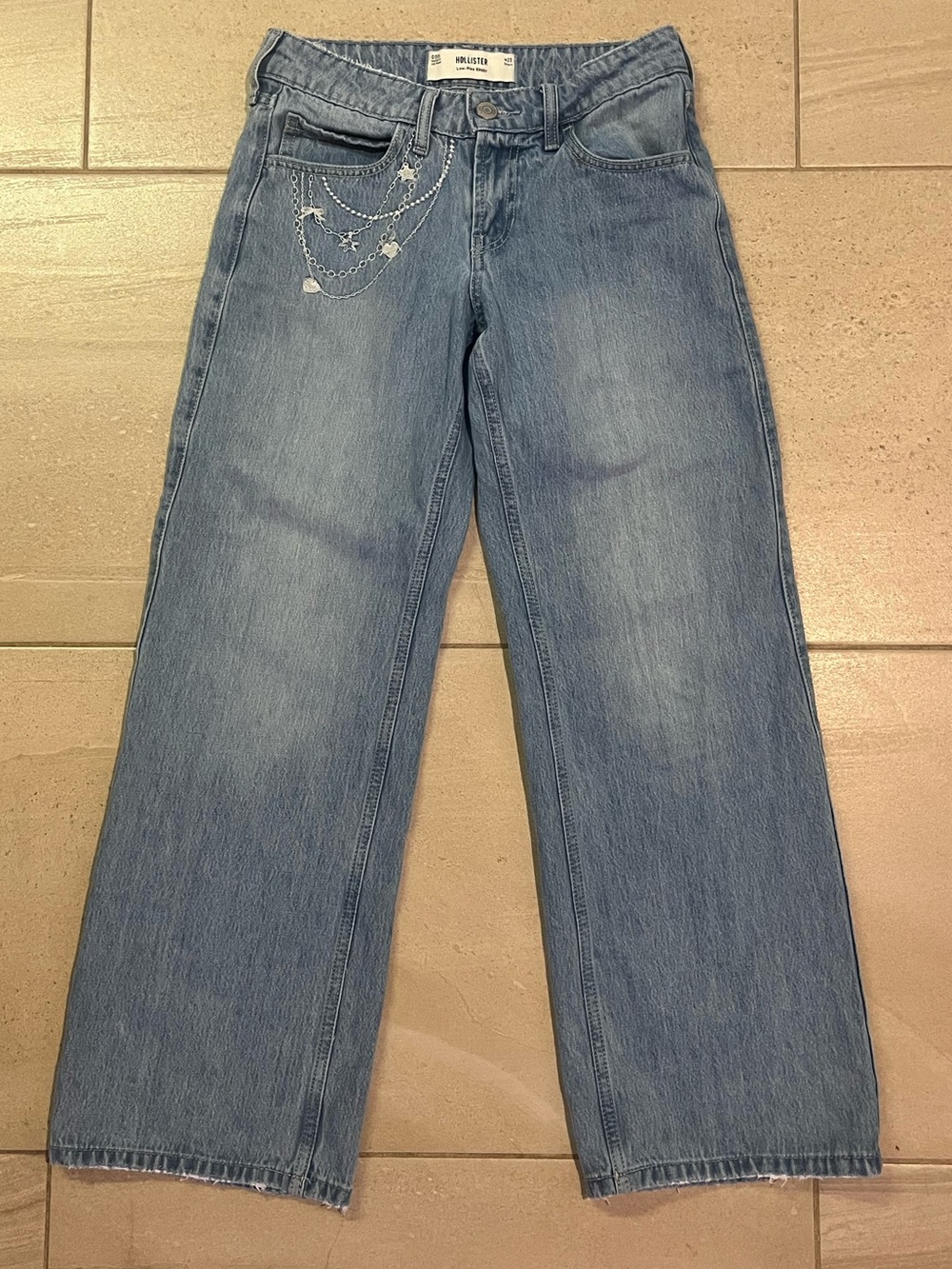 Hollister Light Blue Wide Leg Denim Jeans with Silver Chain Embroidered Accents